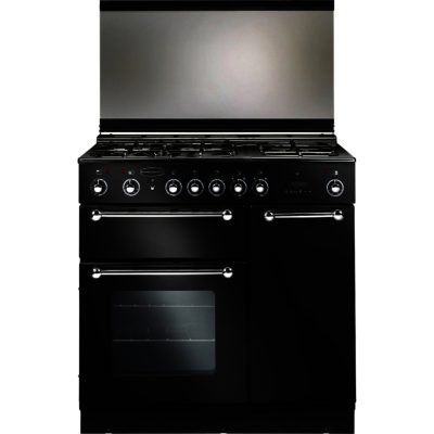Rangemaster 90cm Natural Gas with FSD Hob 73530 Range Cooker in Black with Chrome trim and Port hole doors